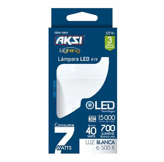 Foco LED A19 7W luz blanca, caja color Aksi - Aksi