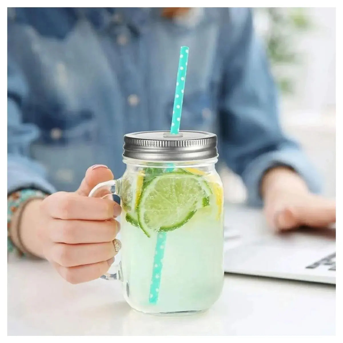 Mason Jar Grabado Transparente Con Tapa Y Popotes 24 PZ BLISTER - Coveme - empaque