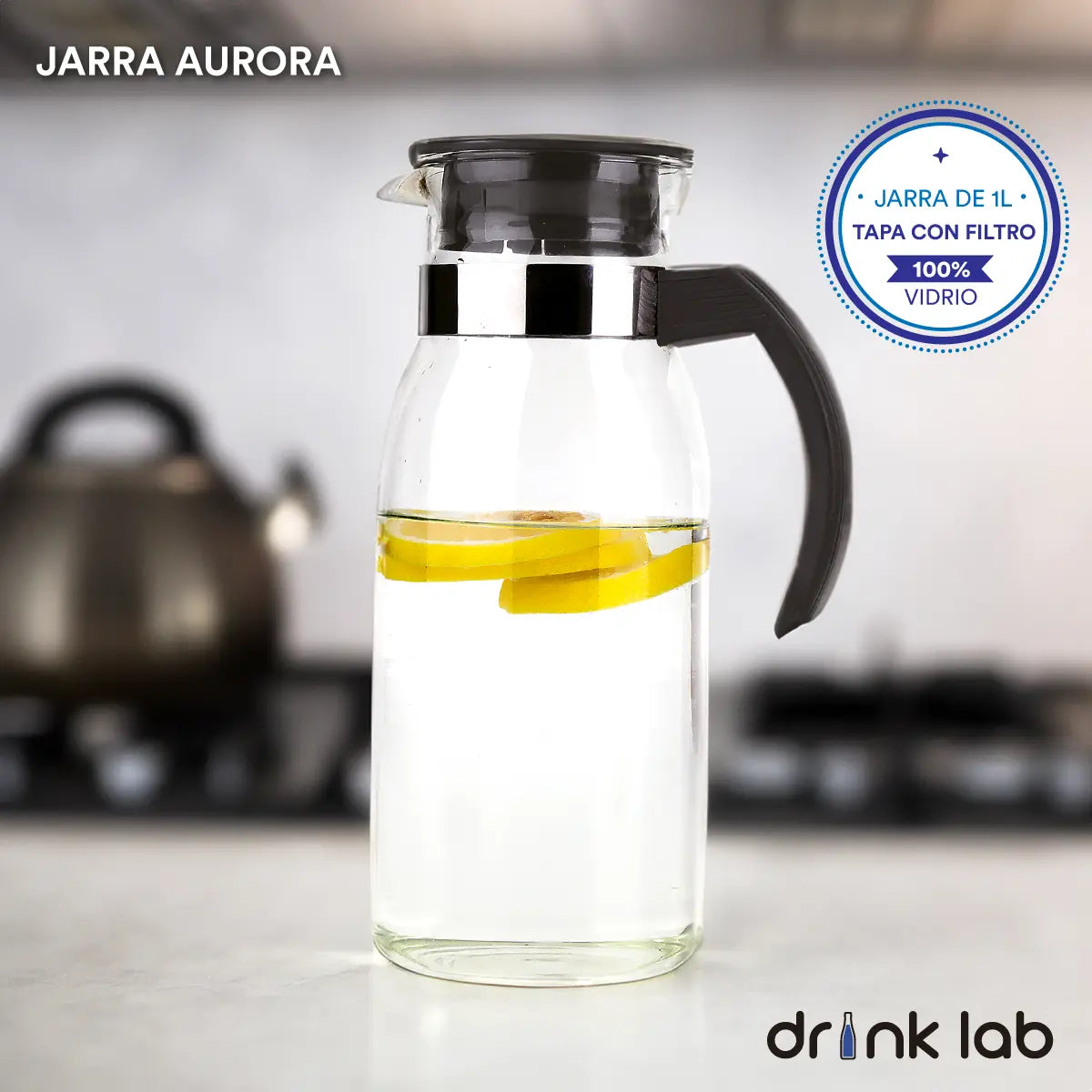 Jarra Aurora Vidrio Asa Color Negro 1l Hogar - Drink Lab - empaque