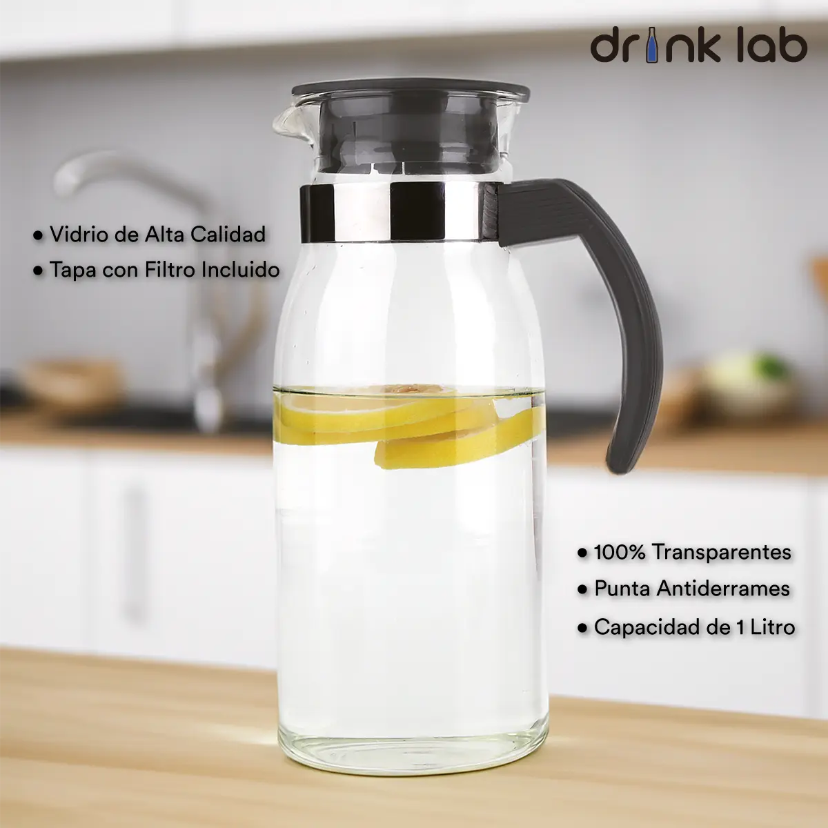 Jarra Aurora Vidrio Asa Color Negro 1l Hogar - Drink Lab - contenido