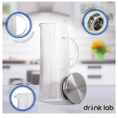 Set 2 Jarra Vidrio Giza Tapa Acero Inoxidable 1.3 Litros Hogar Color Transparente - DrinkLab - empaque