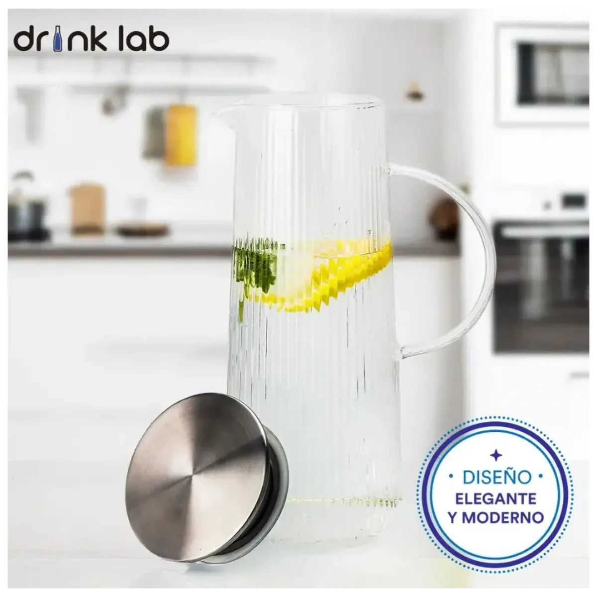 Set 2 Jarra Vidrio Giza Tapa Acero Inoxidable 1.3 Litros Hogar Color Transparente - DrinkLab - vista lateral