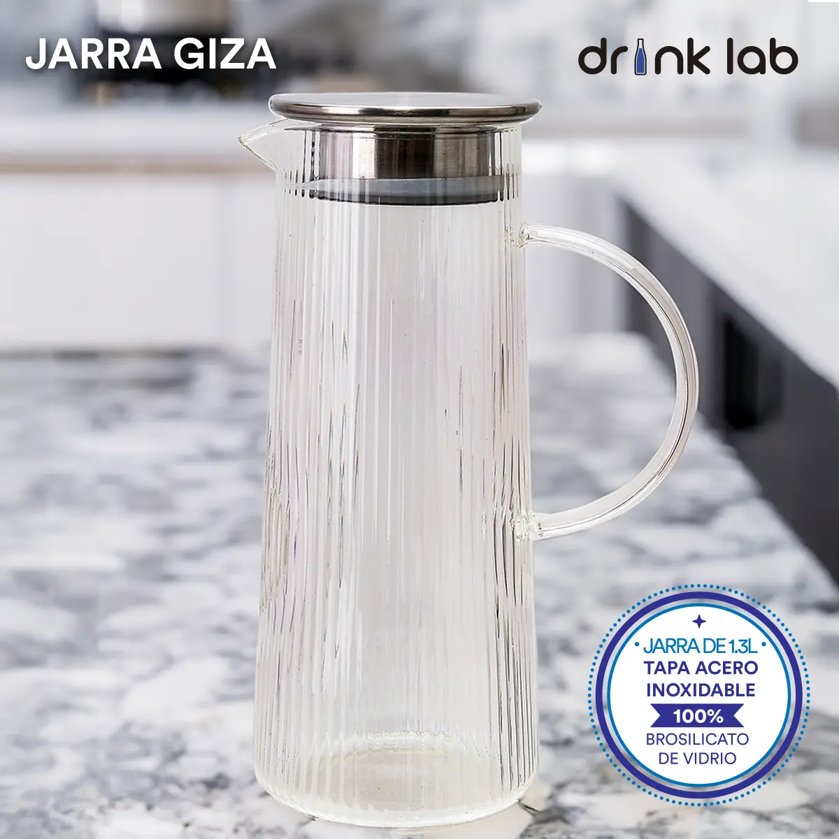Jarra Vidrio Giza Tapa Acero Inoxidable 1.3 Litros Hogar - Coveme