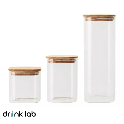3 Recipientes Hermetico Vidrio Tapa Bambu - Drink Lab - Coveme - vista lateral
