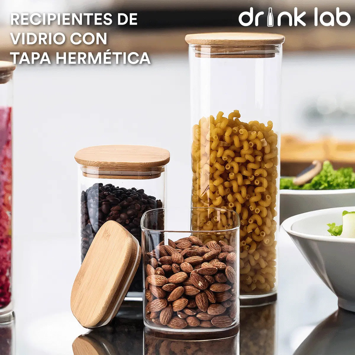 3 Recipientes Hermetico Vidrio Tapa Bambu - Drink Lab - Coveme - accesorios