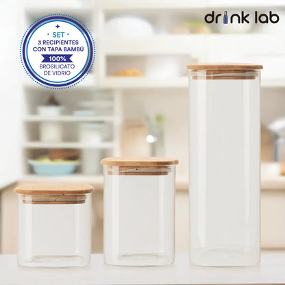 3 Recipientes Hermetico Vidrio Tapa Bambu - Drink Lab - Coveme - detalle