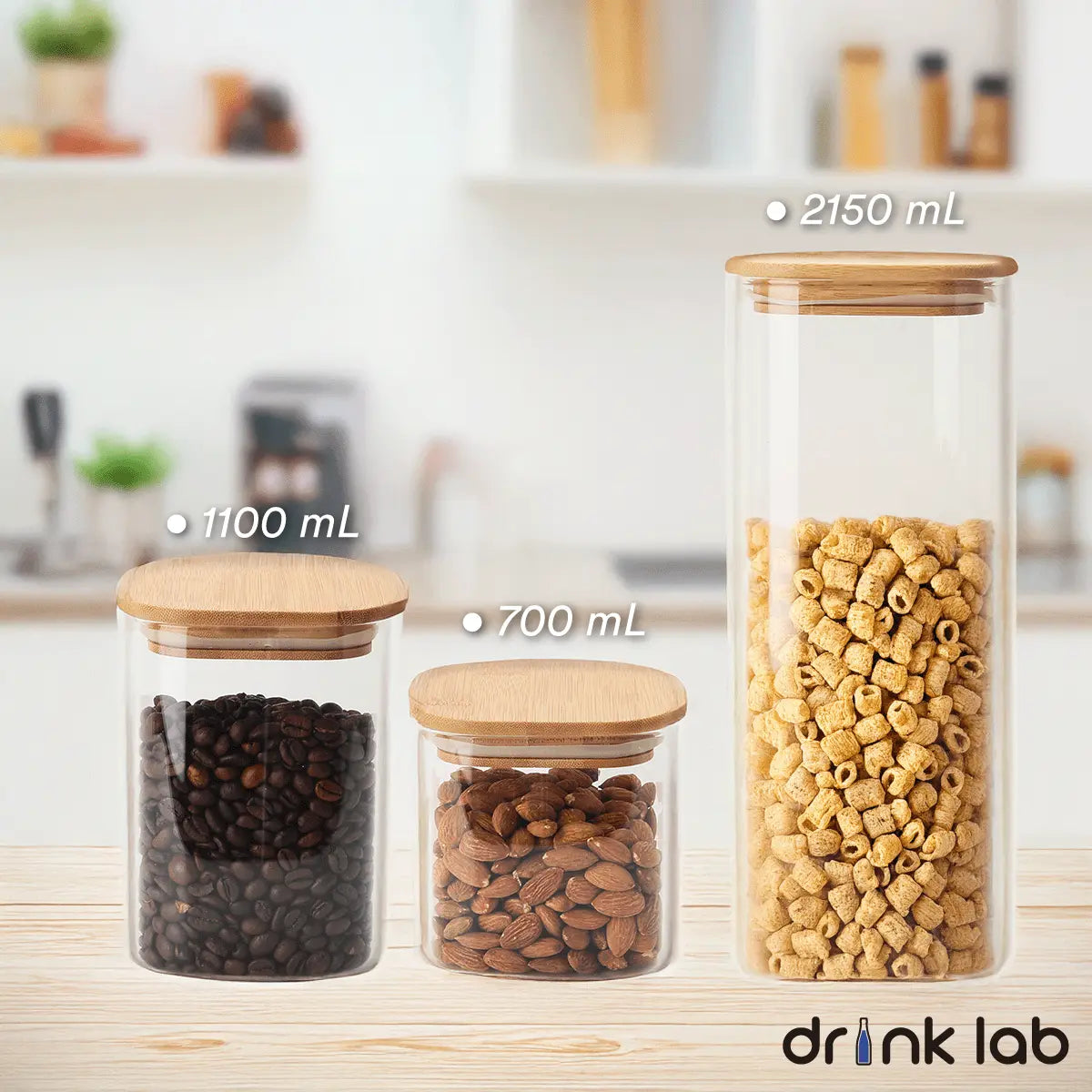3 Recipientes Hermetico Vidrio Tapa Bambu - Drink Lab - Coveme - contenido