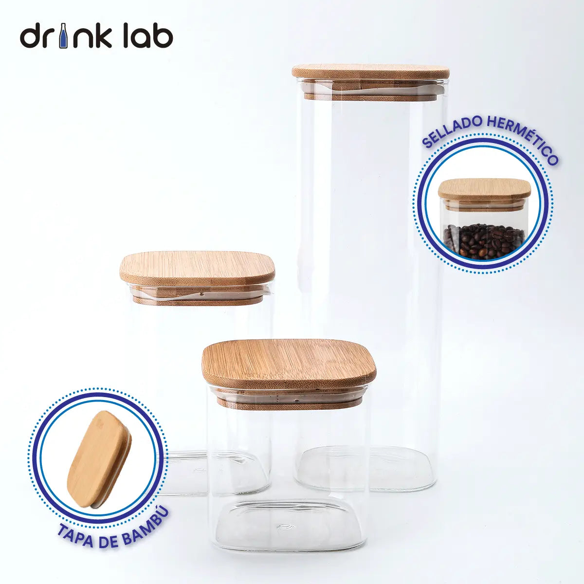 3 Recipientes Hermetico Vidrio Tapa Bambu - Drink Lab - Coveme - empaque