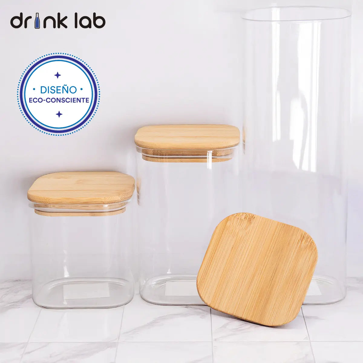 3 Recipientes Hermetico Vidrio Tapa Bambu - Drink Lab - Coveme