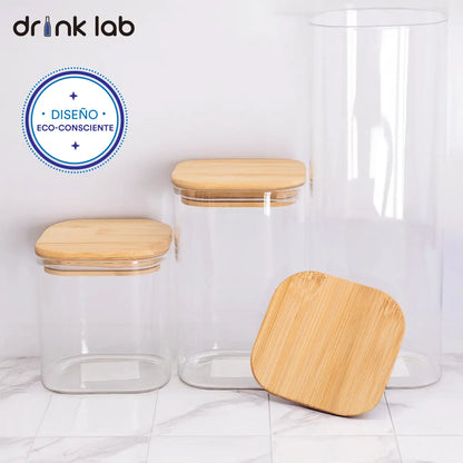 3 Recipientes Hermetico Vidrio Tapa Bambu - Drink Lab - Coveme