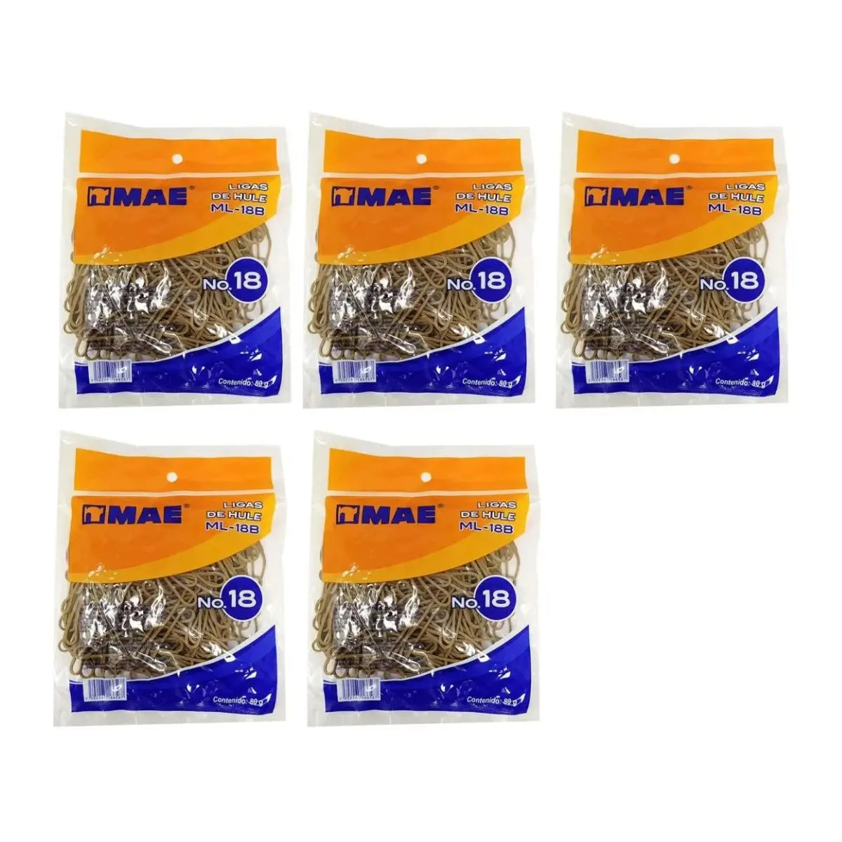 5 Bolsas de Ligas de hule del numero 18, bolsa con 80 g MAE - Mae