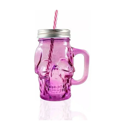 3pz Mason Jar Calavera COLOR con Asa 16oz Rojo, Rosa y Morado - Coveme