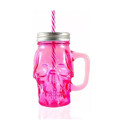 3pz Mason Jar Calavera COLOR con Asa 16oz Rojo, Rosa y Morado - Coveme - vista lateral