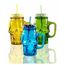 3pz Mason Jar Calavera COLOR con Asa 16oz Verde, Amarillo y Azul - Coveme - vista lateral