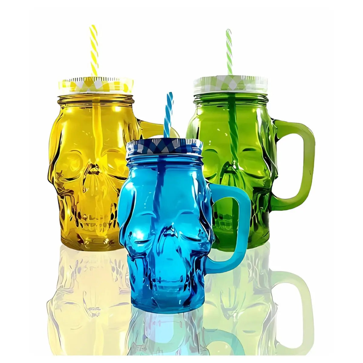 3pz Mason Jar Calavera COLOR con Asa 16oz Verde, Amarillo y Azul - Coveme - vista trasera