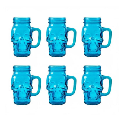 6 Mason Jar Calavera COLOR con Asa 16oz AZUL Sin Tapa Sin Popote - Coveme - detalle