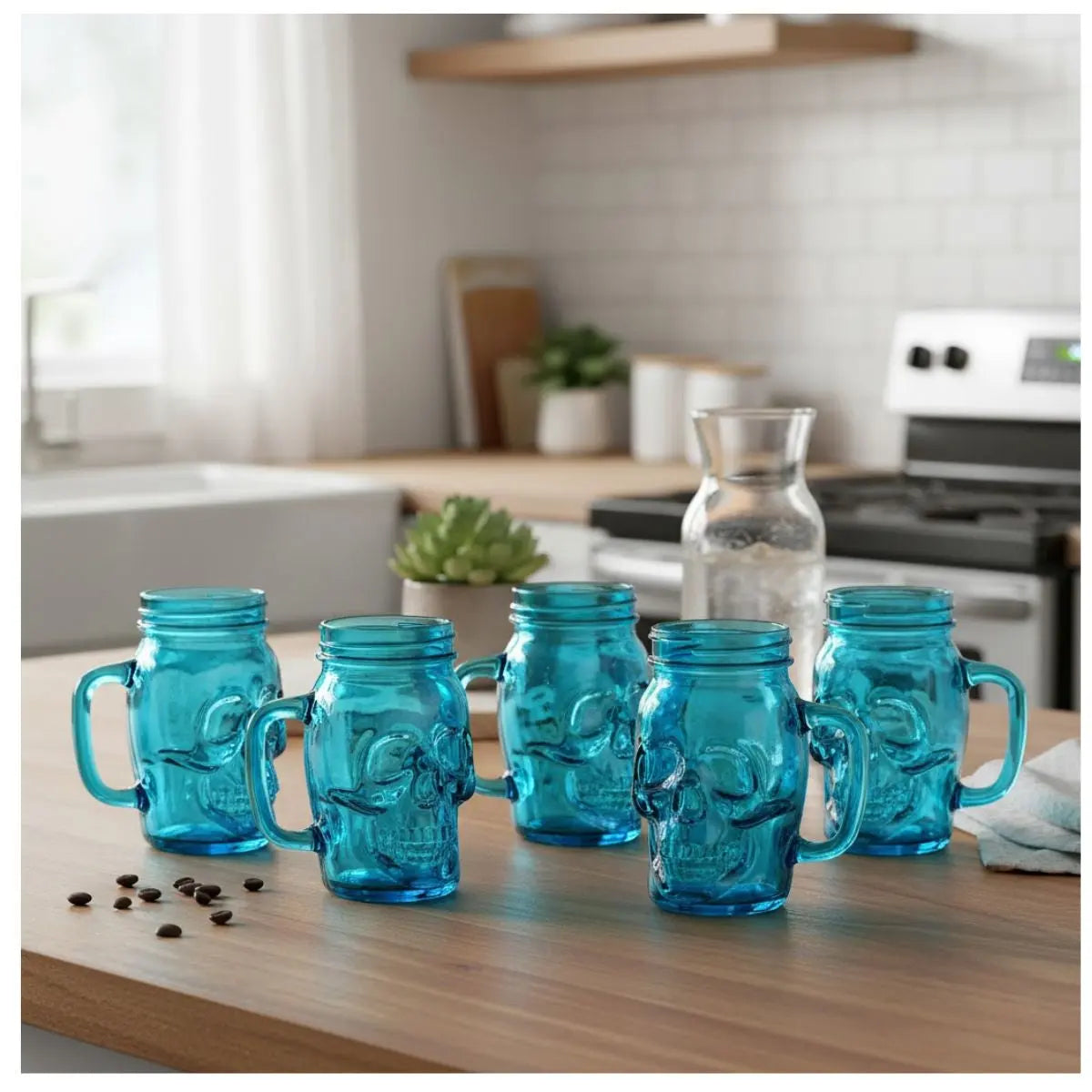 6 Mason Jar Calavera COLOR con Asa 16oz AZUL Sin Tapa Sin Popote - Coveme - vista lateral