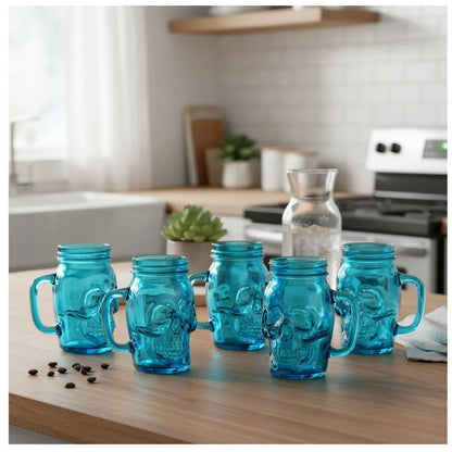 6 Mason Jar Calavera COLOR con Asa 16oz AZUL Sin Tapa Sin Popote - Coveme - vista lateral