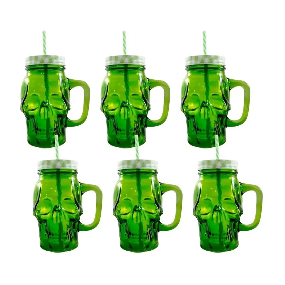 6pz Mason Jar Calavera COLOR con Asa 16oz VERDE - Drink Lab - empaque