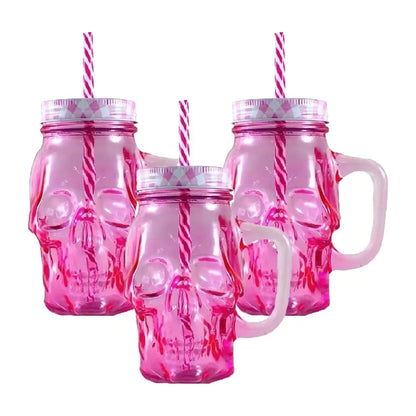 3pz Mason Jar Calavera COLOR con Asa 16oz ROSA - Coveme - detalle