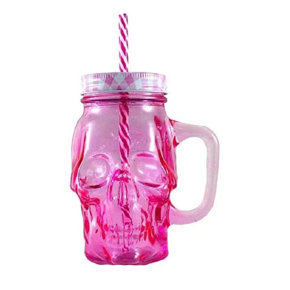 3pz Mason Jar Calavera COLOR con Asa 16oz ROSA - Coveme - empaque