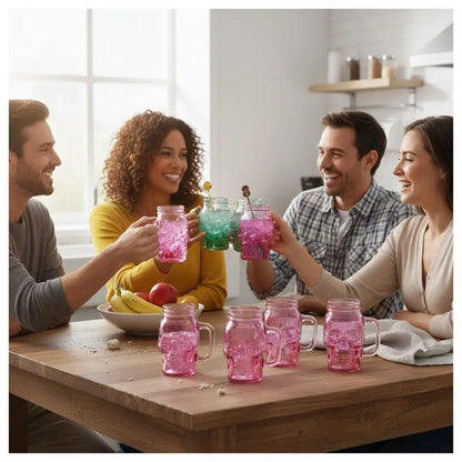 6 Mason Jar Calavera COLOR con Asa 16oz ROSA Sin Tapa Sin Popote - Coveme