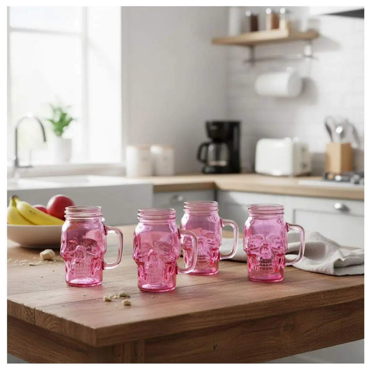 6 Mason Jar Calavera COLOR con Asa 16oz ROSA Sin Tapa Sin Popote - Coveme - empaque