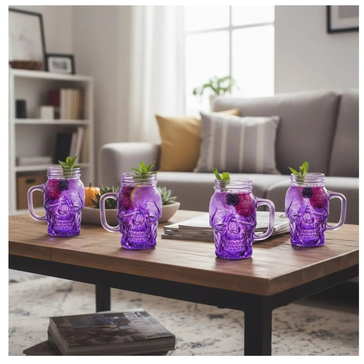 6 Mason Jar Calavera COLOR con Asa 16oz MORADO Sin Tapa Sin Popote - Drink Lab - vista lateral