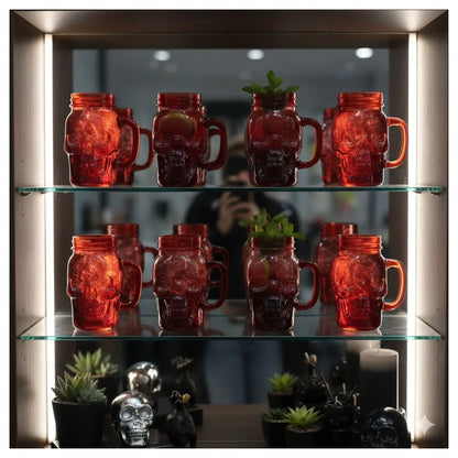 6 Mason Jar Calavera COLOR con Asa 16oz ROJO Sin Tapa Sin Popote - Coveme - detalle