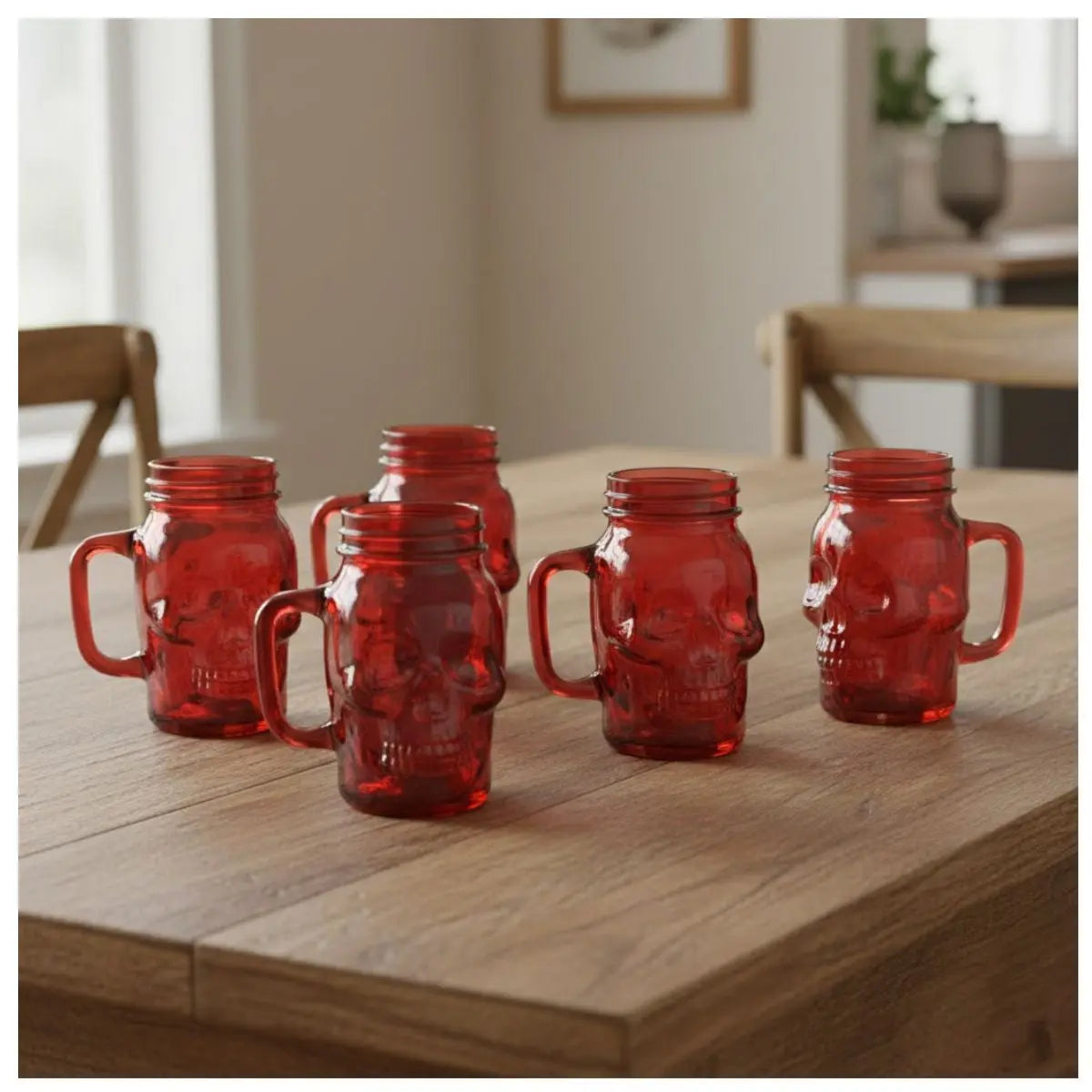 6 Mason Jar Calavera COLOR con Asa 16oz ROJO Sin Tapa Sin Popote - Coveme