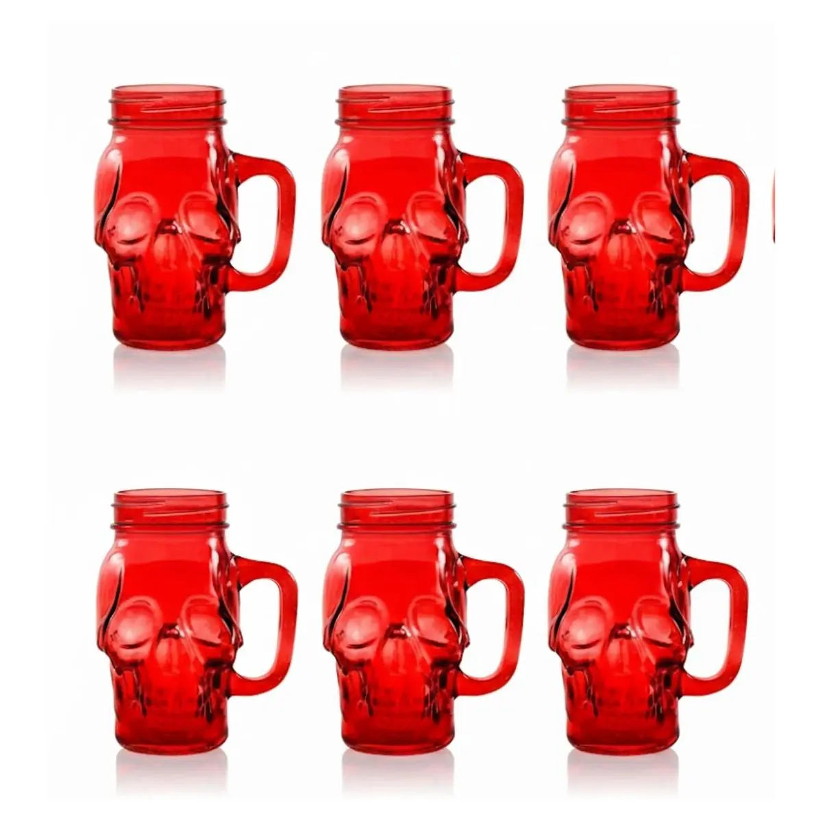 6 Mason Jar Calavera COLOR con Asa 16oz ROJO Sin Tapa Sin Popote - Coveme - empaque
