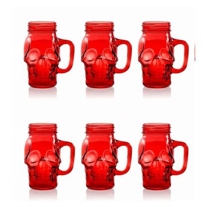 6 Mason Jar Calavera COLOR con Asa 16oz ROJO Sin Tapa Sin Popote - Coveme - empaque
