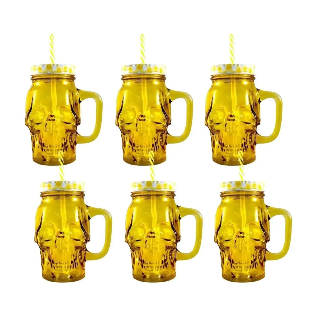 6pz Mason Jar Calavera COLOR con Asa 16oz AMARILLO - Drink Lab