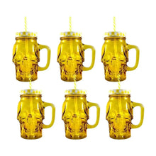 6pz Mason Jar Calavera COLOR con Asa 16oz AMARILLO - Drink Lab