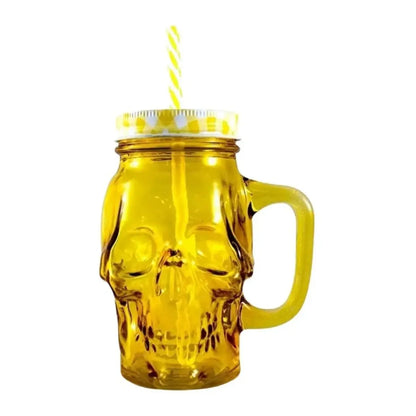 6pz Mason Jar Calavera COLOR con Asa 16oz AMARILLO - Drink Lab - empaque