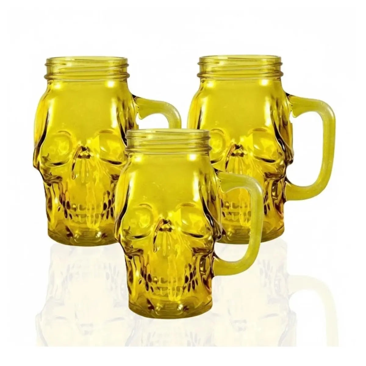 3 Mason Jar Calavera COLOR con Asa 16oz AMARILLO Sin Tapa Sin Popote - Drink Lab - vista lateral