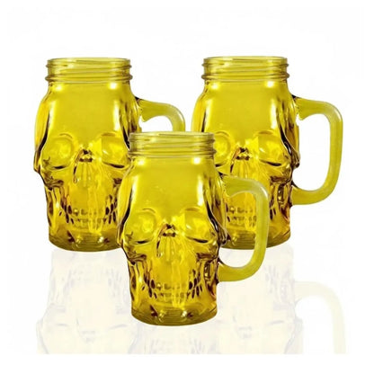 3 Mason Jar Calavera COLOR con Asa 16oz AMARILLO Sin Tapa Sin Popote - Drink Lab - vista lateral