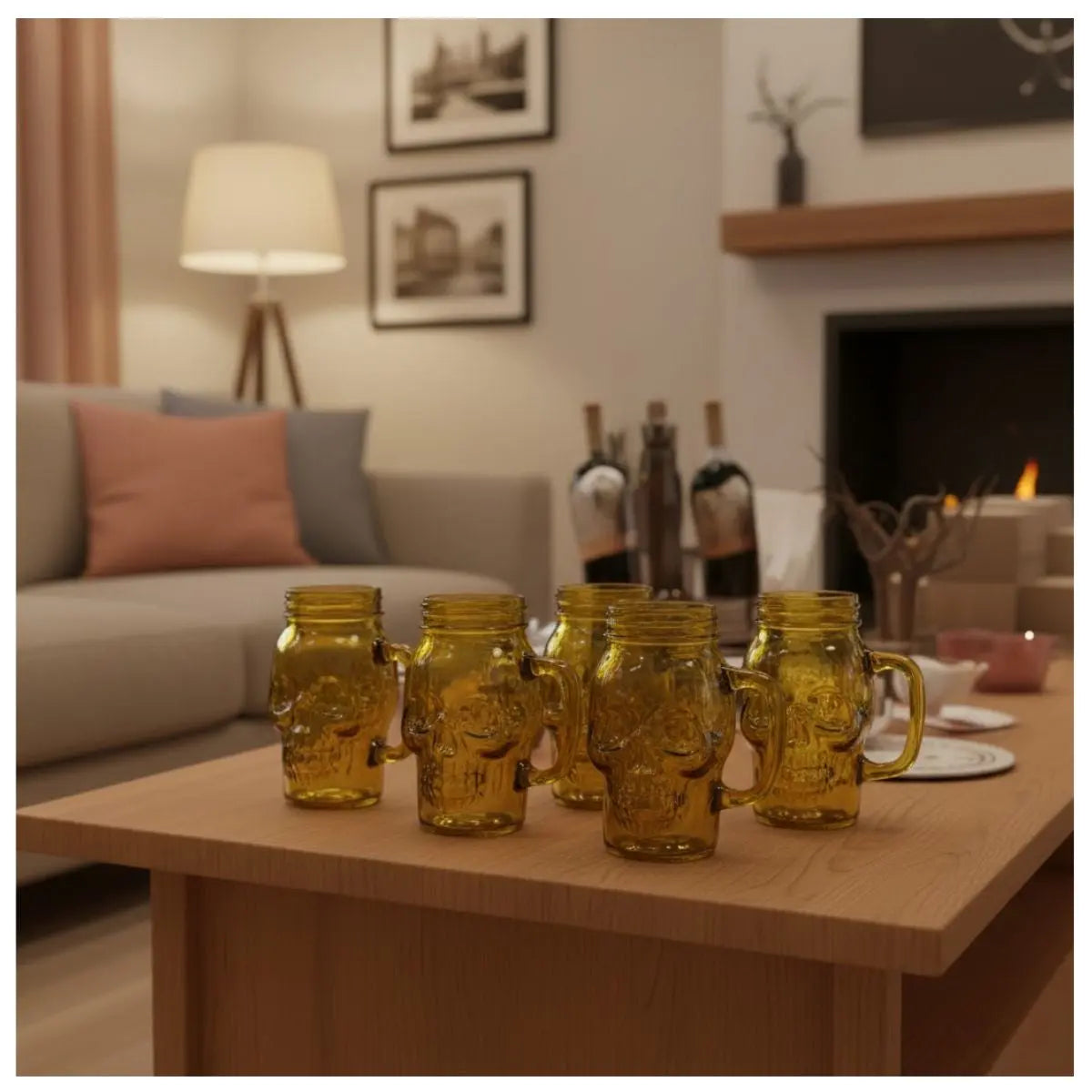 6 Mason Jar Calavera COLOR con Asa 16oz AMARILLO Sin Tapa Sin Popote - Drink Lab - empaque