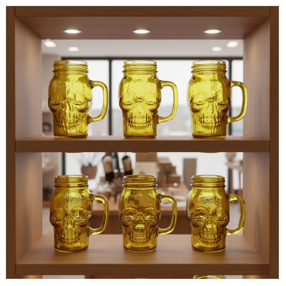 6 Mason Jar Calavera COLOR con Asa 16oz AMARILLO Sin Tapa Sin Popote - Drink Lab - vista lateral