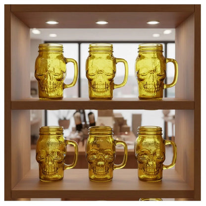 6 Mason Jar Calavera COLOR con Asa 16oz AMARILLO Sin Tapa Sin Popote - Drink Lab - vista lateral