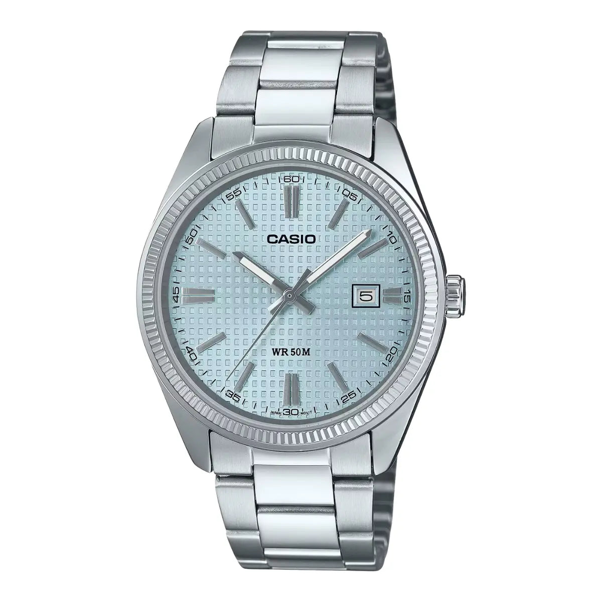 Reloj Casio Mtp 1302pec 2av Azul Cuadricula Acero Fechador Correa Plateado Bisel Plateado Fondo Azul Claro - Casio - vista lateral