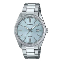 Reloj Casio Mtp 1302pec 2av Azul Cuadricula Acero Fechador Correa Plateado Bisel Plateado Fondo Azul Claro - Casio - vista lateral