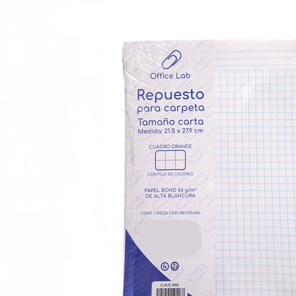 100 Hojas Repuesto Carpeta Office Lab Carta Cuadro Grande - Office Lab - vista lateral