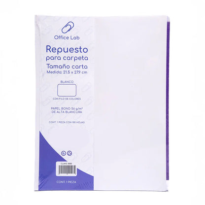 100 Hojas Repuesto Carpeta Office Lab Carta Blancas - Office Lab
