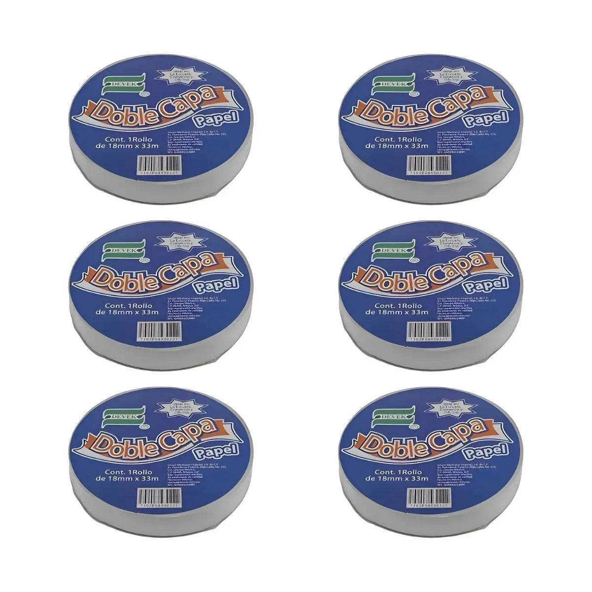 Pack 6 Cinta Adhesiva Doble Capa Papel de 18x33 Devek - Devek - vista lateral