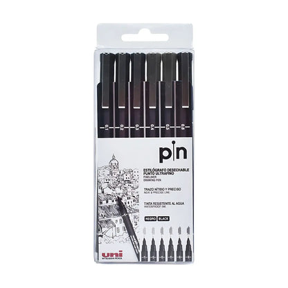 PIN ESTILOGRAFO DESECHABLE CARTERA CON 6 PIEZAS NEGROS (PUNTO 0.1- 0.3 - 0.5- 0.2-0.4-0.8 MM) Azor - Azor - vista trasera
