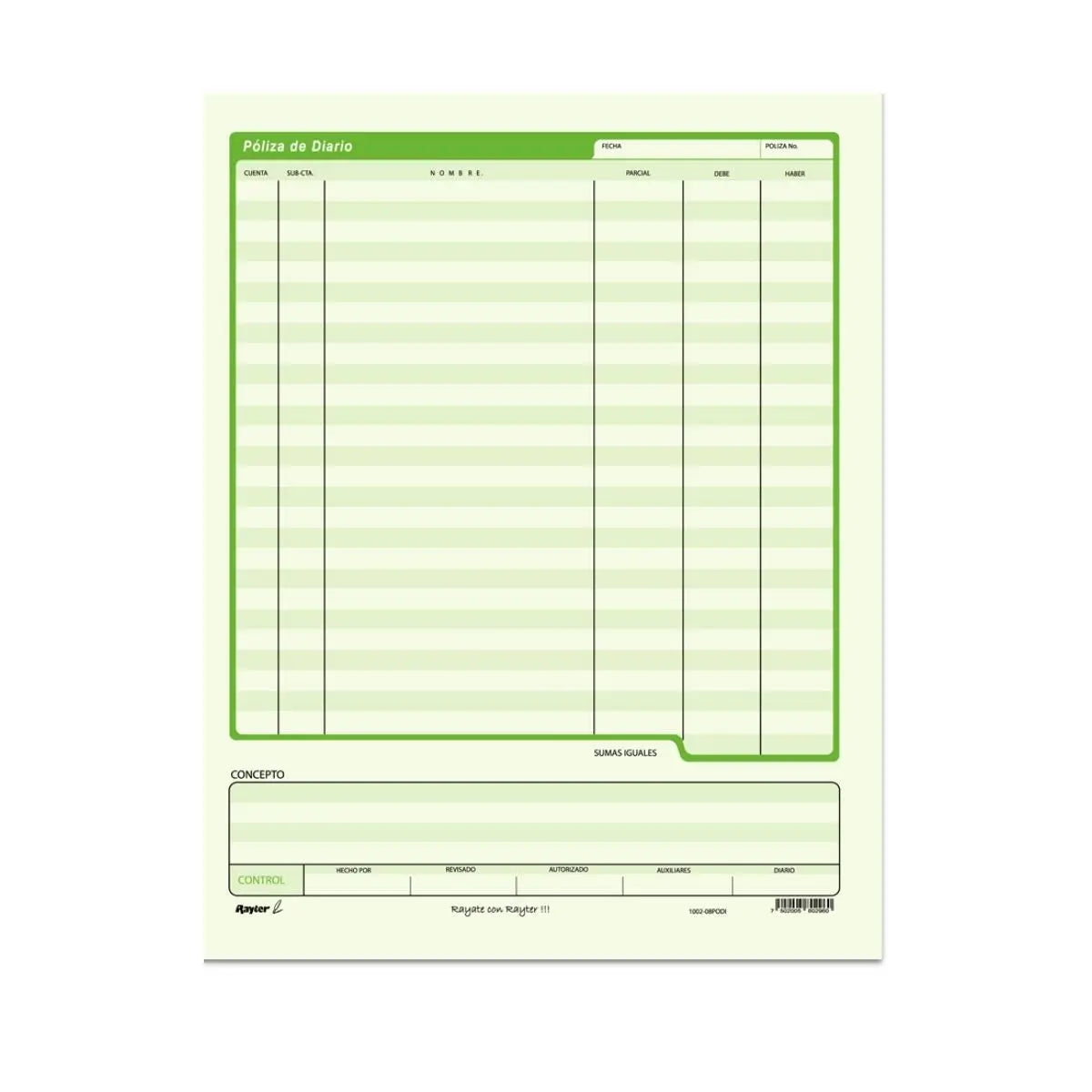 2 Block Poliza Diario Tamaño Carta 100 Hojas Rayter Verde Rayter