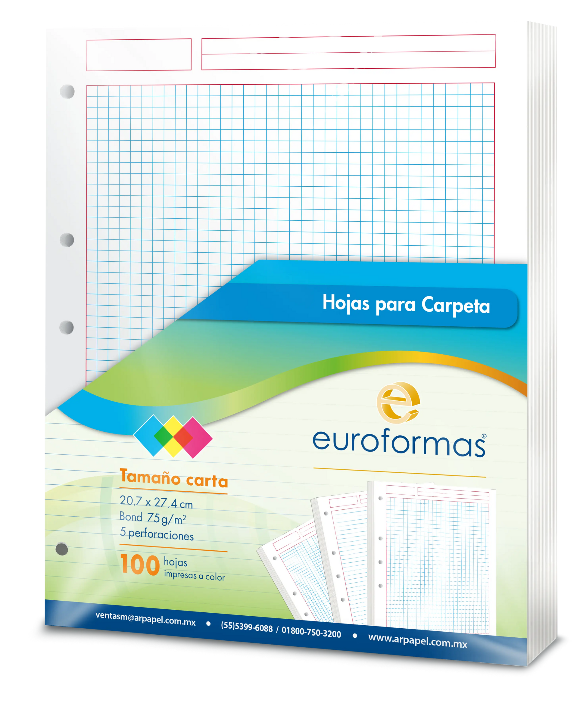 100 Hojas Carpeta Repuesto Euroformas Tamaño Carta 75g Cuadro Chico Euroformas
