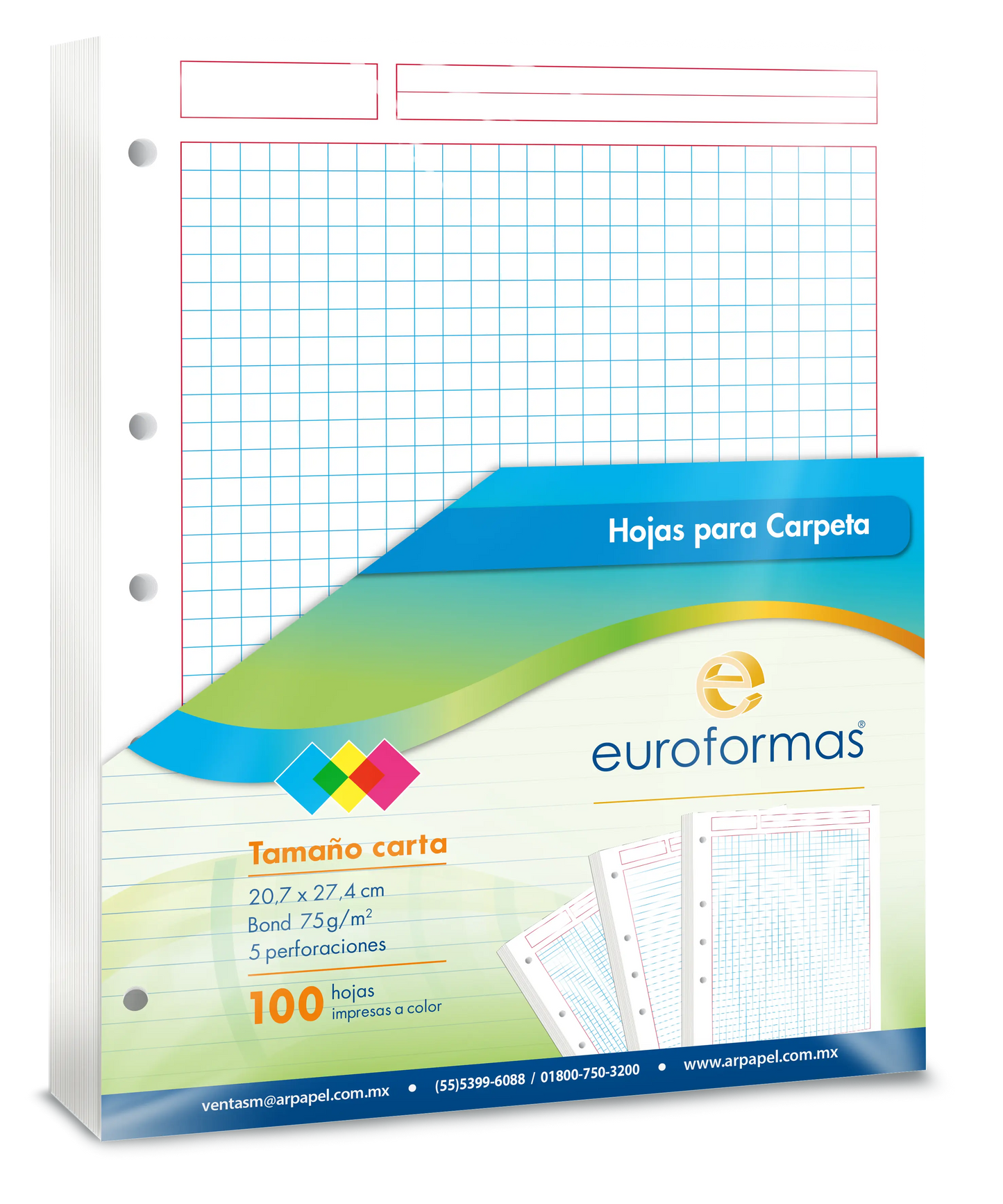 100 Hojas Carpeta Repuesto Euroformas Tamaño Carta 75g Cuadro Grande Euroformas
