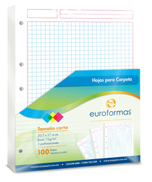 100 Hojas Carpeta Repuesto Euroformas Tamaño Carta 75g Cuadro Grande Euroformas